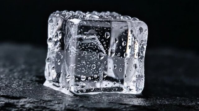 Macro slow motion clear ice cube melting with water droplets on black background