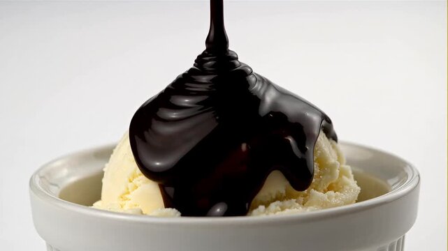 Rich dark chocolate sauce pouring over a scoop of vanilla ice cream