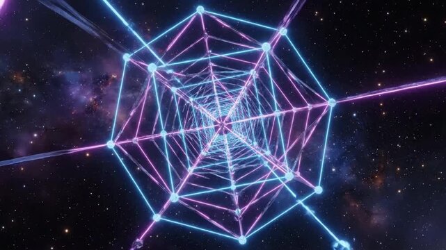 Abstract grid rotates in space with bright lines around a central point in a digital scene