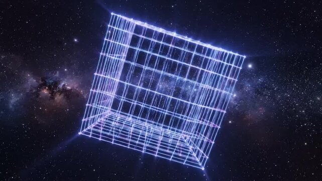 Abstract grid rotates in space with lights around it creating motion and depth for viewers observing this unique visual