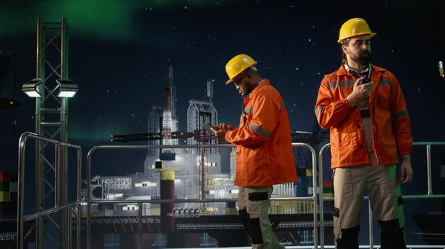 Doing radio coordination, global energy embargo and drilling rig worker while mitigating oil crisis production disruptions, aurora borealis sky and offshore platform engineer communicating alerts.