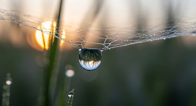 Dew drop on a spider web with sunrise reflection