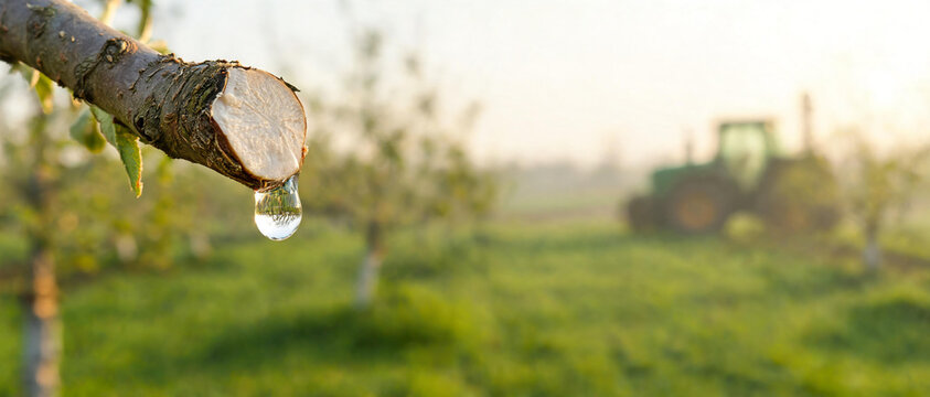 Clear drop of sap or water dripping from a pruned branch of a fruit tree in a spring orchard with a tractor.