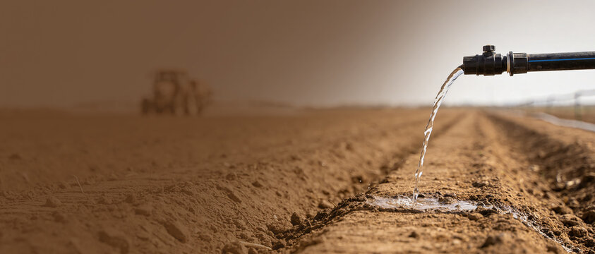 Water pouring from a plastic irrigation pipe onto dry plowed soil in a field with a blurred tractor.