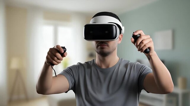 Enthusiastic modern man actively engaging with a cutting-edge virtual reality headset, holding two motion controllers, exploring an immersive digital world and interactive simulation.