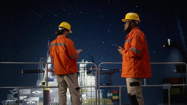 Doing radio coordination, embargo and engineering team on drilling barge while mitigating oil crisis disruptions, northern lights and african american man with coworker on offshore platform.