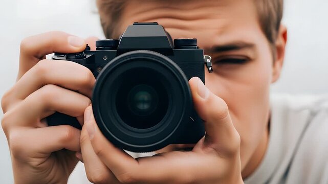 Focused young male photographer capturing artistic shots with a professional digital camera while concentrating intensely on his creative work during a modern photoshoot session in a bright studio