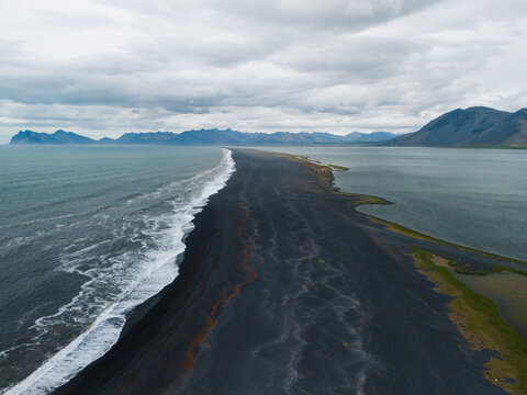 Aerial view of black sand beach in Iceland 