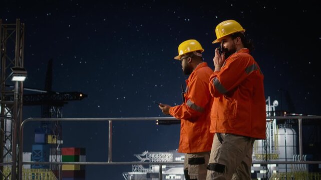 Offshore platform engineering team coordinate safe supply routes during oil crisis with offshore platform context.