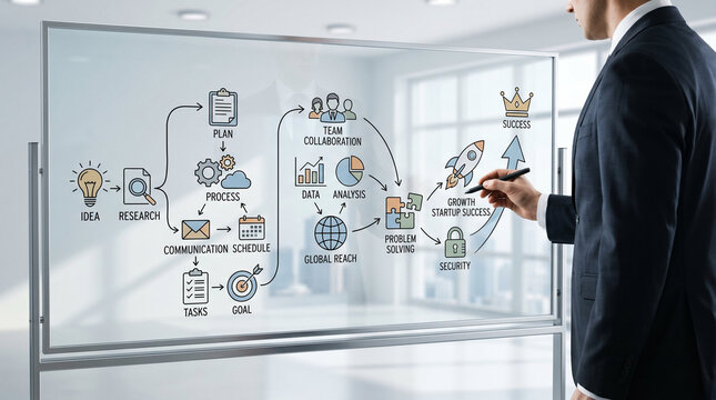 Professional writing startup success and problem solving workflow on transparent board