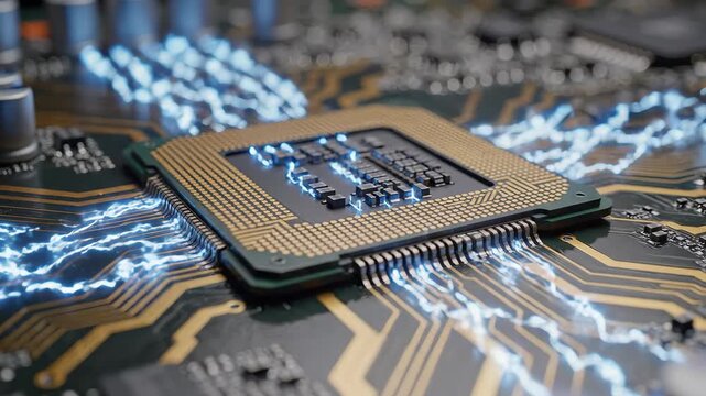 Glowing CPU processor with electric current on circuit board. Perfect for tech, AI, computing, and futuristic electronics themes