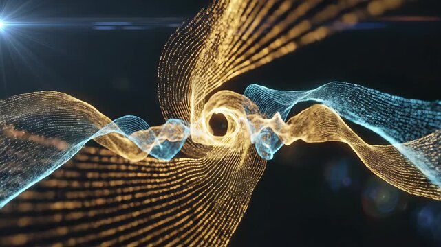 Abstract digital particle waves in gold and blue flow. Perfect for tech themes, data visualization, futuristic motion graphics, and digital innovation content