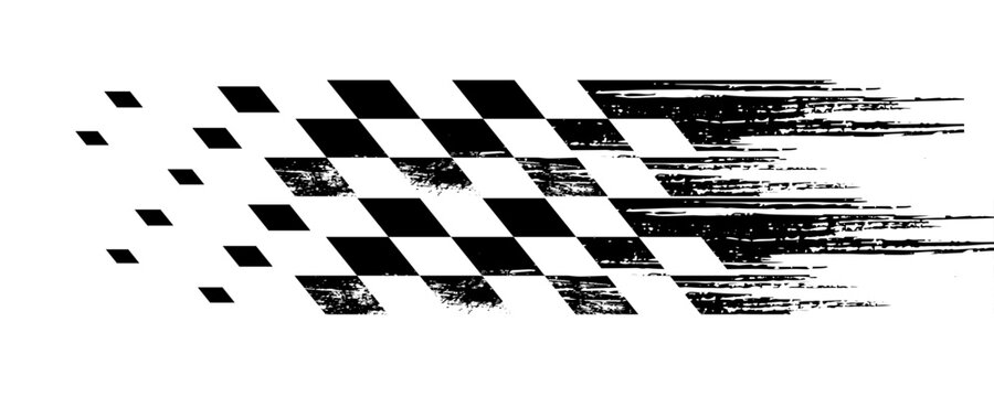 Flowing racing flag graphic, curved checkered motorsport emblem for car branding, race decals and gaming overlays. PNG with transparent background