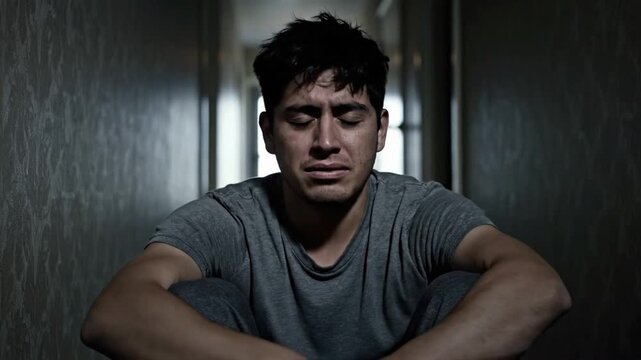 Man sitting on floor in hallway, feeling anxious and sad while dealing with thoughts alone at home