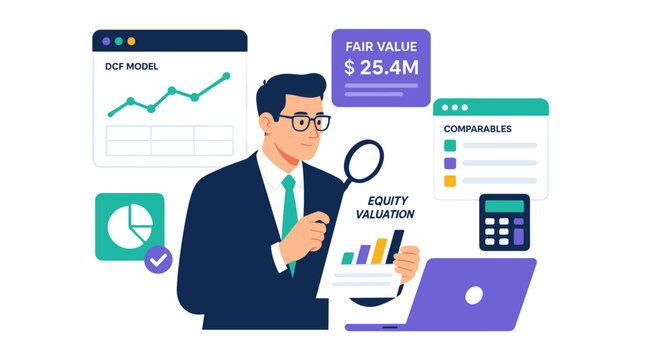 Business analyst examining data graphs with magnifying glass.