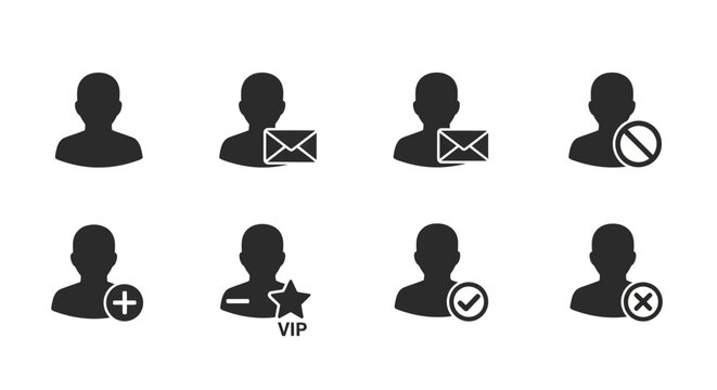 User profile icons, people silhouettes with status symbols, black vector graphics