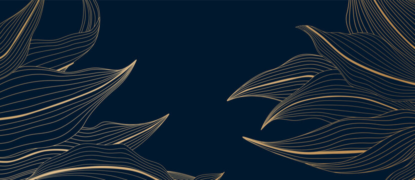 Luxurious botanical background with golden leaves in line art style. Vector banner for decor, prints, packaging, textiles, and interiors.