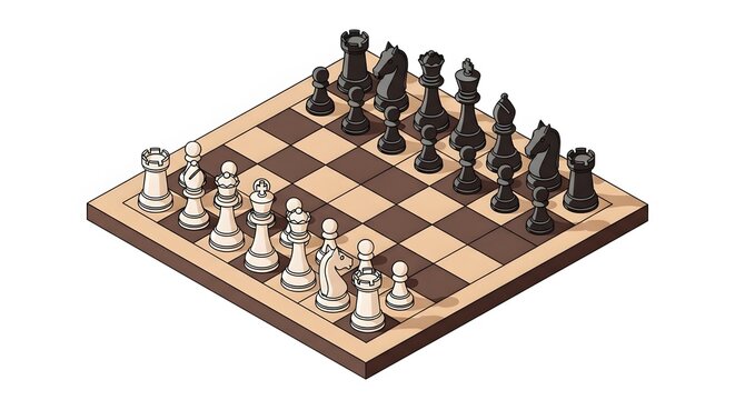Isometric wooden chess board with complete pieces placement setup vector