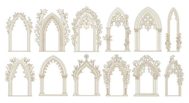 Ornate Gothic Window Frames, Architectural Elements, Beige Decorative Windows, 12 Medieval Arches