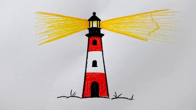 Child's hand-drawn drawing of a lighthouse emitting yellow rays of light