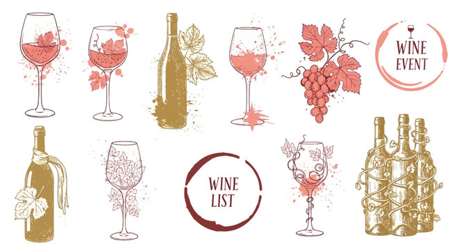 Hand Drawn Wine Collection with Bottles, Glasses, Grapes and Vine Leaves for Event Menu and Wine List Design