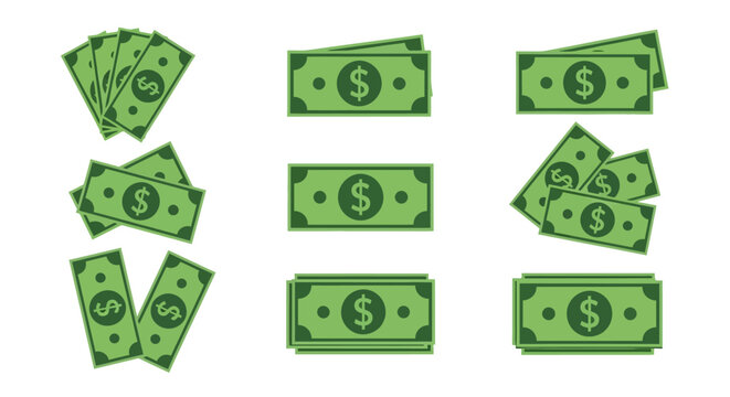 Set of green dollar bill vector illustrations for finance, money, wealth, and banking concepts isolated on white background