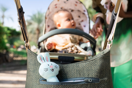 Bunny toy in bag with baby in stroller on background 