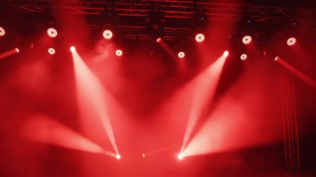 Colorful red stage lights shine through smoke in dark venue during a live event with vibrant atmosphere