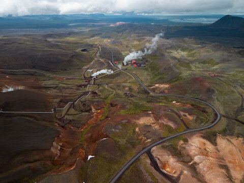 Aerial view of Hverir geothermal area in Iceland 