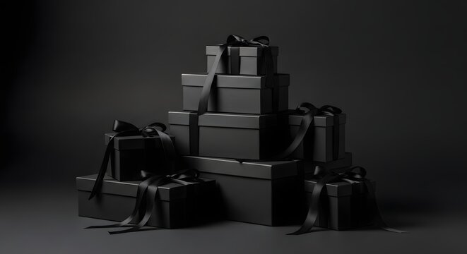 Elegant stack of black gift boxes with ribbons on dark background