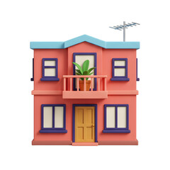Obraz premium 3D Render of a Cute Cartoon House with Balcony and Antenna