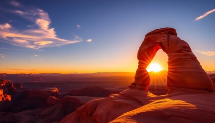 Obraz premium Sunset view of iconic natural arch rock formation in Utah desert landscape