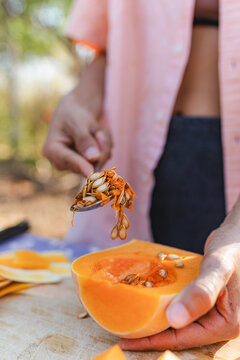 Preparing fresh butternut squash removing seeds for cooking