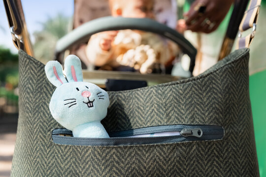 Soft Toy in Stroller Bag With Child Activity in Background
