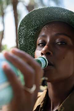 Thirsty woman drinking water 