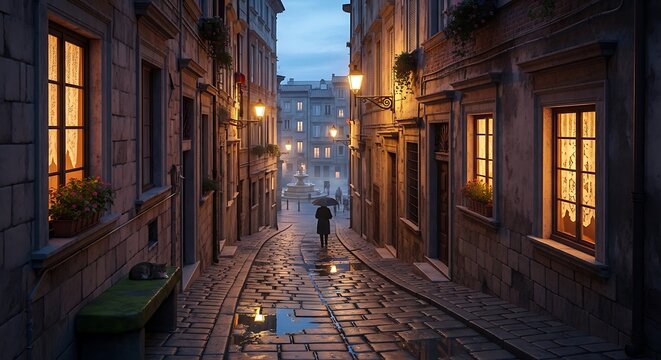A quiet cobblestone street in a european town at twilight
