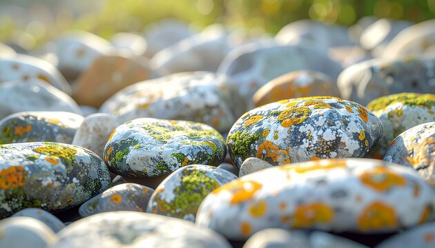 Colorful rocks with lichen and moss.