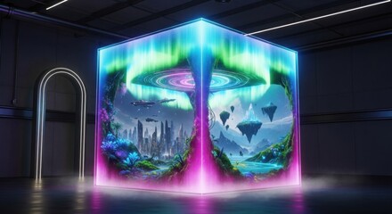 Obraz premium Futuristic Cube Displaying Fantasy Landscape