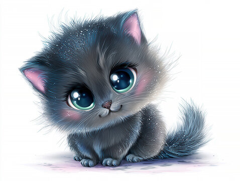 White background illustration of a kawaii-styled Russian Blue kitten, sitting on pink surface Large, expressive eyes gazing upwards Realistic and whimsical style, soft shadows for dep - AI-Generated