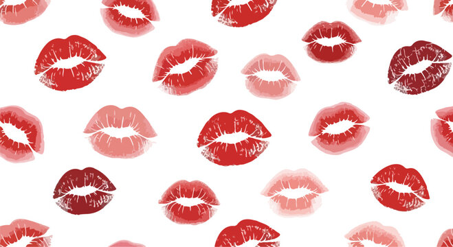 Vibrant red and pink lipstick kiss marks on white background, colorful lip prints