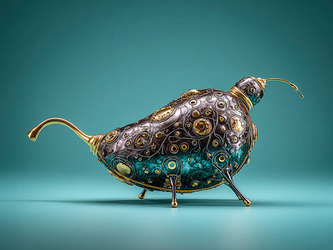A silver-gold anatomical gallbladder portrait and a whimsical teapot with bird-like elements, set against different colored backdrops The gallbladder is hyperrealistic, while the teapo - AI-Generated