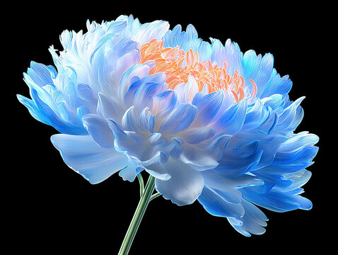 A high-quality, detailed 4K photograph of a diagonally positioned blue peacock feather with orange base against a dark gray backdrop The feather is angled upwards and showcases intrica - AI-Generated