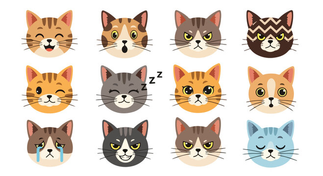 Collection of cartoon cat faces with various happy, sad, and sleepy expressions