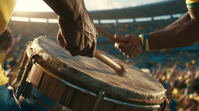 Dynamic lowangle shot of a Brazil football fan beating an oversized samba drum setting an infectious rhythmic tone that pulses through the cheering crowd.