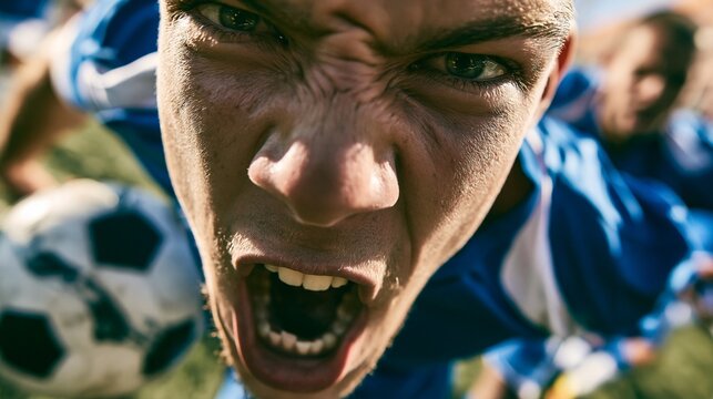 Intense moment showing a footballers parted lips and front tooth edge as they gasp for air while chasing the ball on a vibrant pitch.