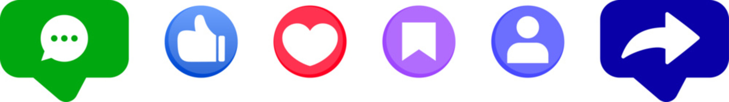 Brightly colored round digital communication badge graphics with glossy gradient fills, vibrant vector interface application notification elements for interactive web template design