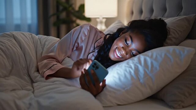 Using mobile phone at night in bed to connect with friends and family in a virtual space for communication and entertainment