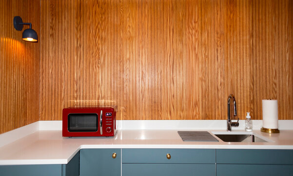 Vertical wood Paneling modern  kitchen counter nobody