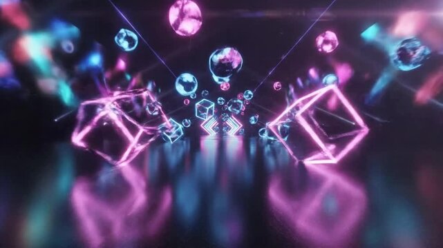 Neon arrow abstract design featuring blue and pink lights with shapes and reflections in a dark space