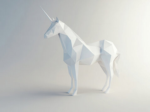A low poly, white unicorn, rendered in a 3D environment against a gray background The polygon structure is geometric, angular, and matte white Soft studio lighting enhances the unicor - AI-Generated